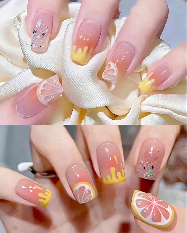 Mẫu nail đi biển 2025 với họa tiết quả chanh rực rỡ tại NguyenBeauty